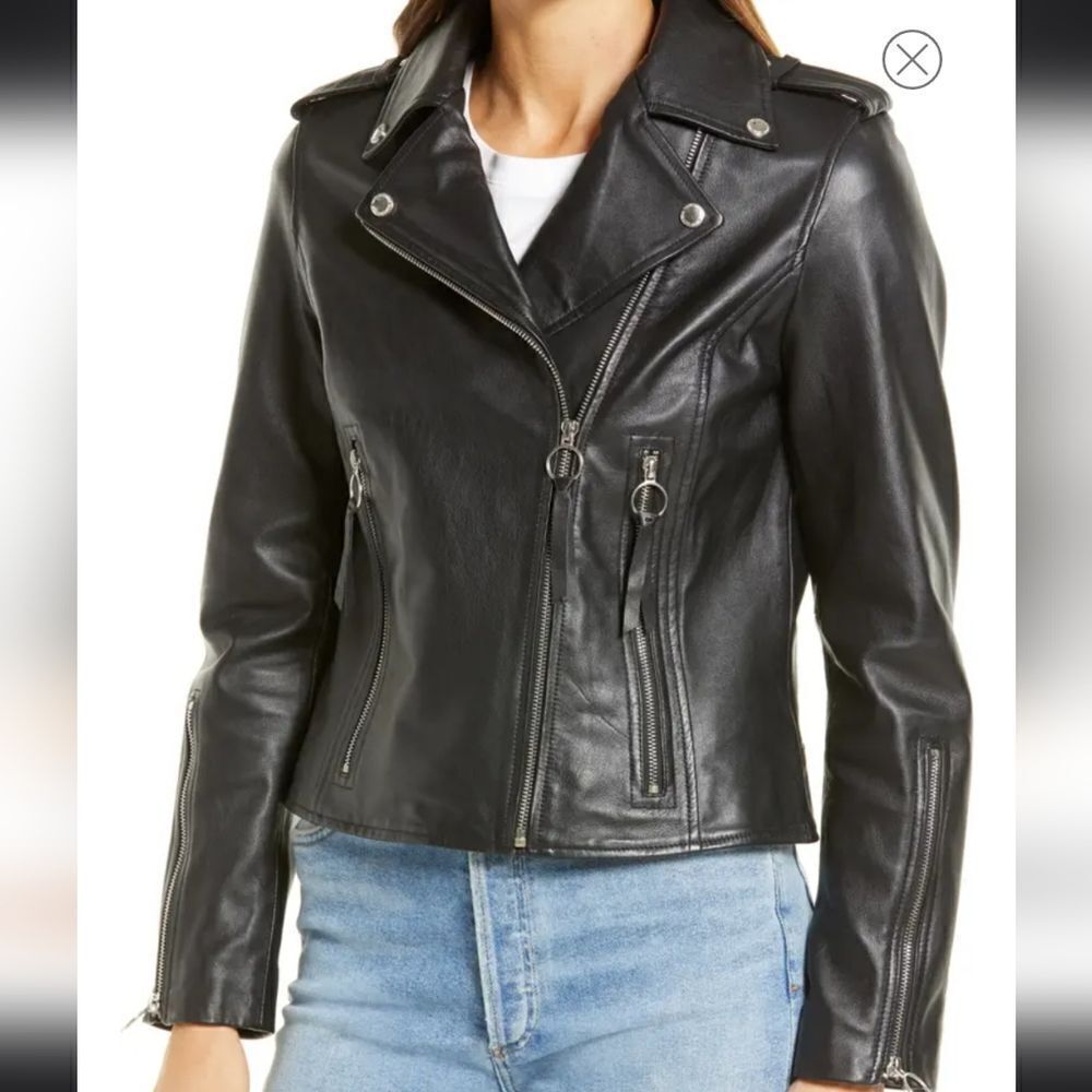 Sam Edelman Women's Leather Motorcycle Jacket with Ring Zipper Size Small